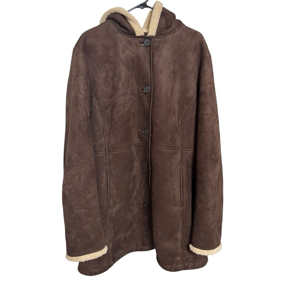 Lands End Brown Suede Sherpa Lined Button Front Hooded Winter Coat Womens Sz 2X